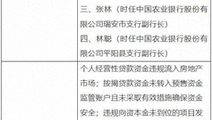 因按揭贷款未转入监管账户等，农业银行温州分行被罚330万元