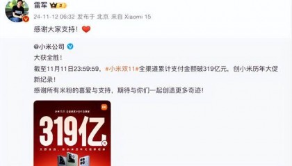小米宣布双11销售额突破319亿，再创新纪录
