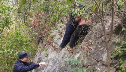 六旬老太采药被困山崖，民警紧急救援
